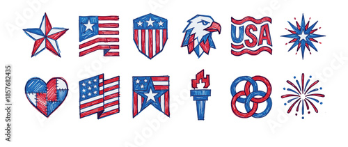 Collection of hand-drawn patriotic American icons in a red, white, and blue doodle style, including a flag, star, eagle, shield, heart, torch, and firework illustrations
