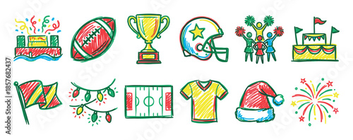 Colorful hand-drawn set of doodle icons featuring American football, holiday, and celebration elements like a trophy, helmet, fireworks, and Santa hat in a fun sketchy style