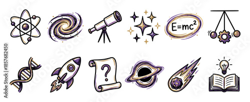 Collection of twelve science and astronomy doodles including a black hole, DNA helix, physics formula, and lightbulb idea symbol drawn in a sketchy, illustrative style
