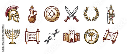 Set of hand-drawn historical icons featuring Jewish and Roman symbols like a menorah, Star of David, ancient scroll, warrior helmet, swords, and a fortress in a sketch style