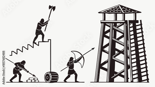 Ancient Warriors Attacking Watchtower Strategy Planning Execution Teamwork Challenge Defense Silhouette Illustration Vector Graphic Design Element