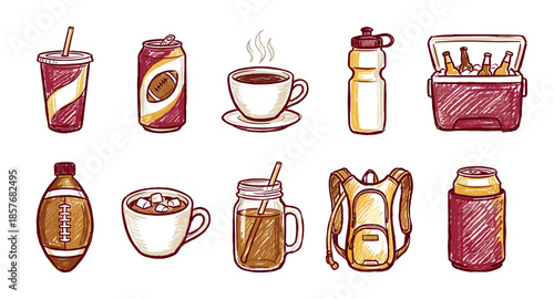Hand-drawn collection of American football tailgate essentials featuring various drinks, a cooler, and a backpack, rendered in a colorful, sketchy doodle art style