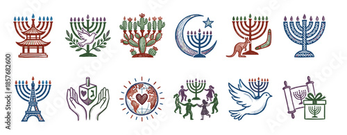 Diverse collection of hand-drawn Hanukkah icons featuring culturally varied menorahs, dreidels, and symbols of peace and global unity in a sketchy, illustrative style