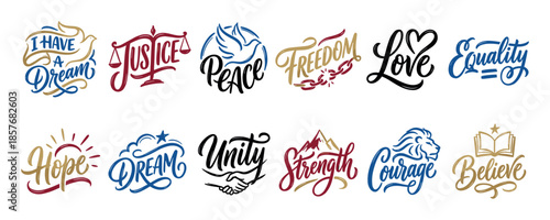 Set of twelve inspirational calligraphy words related to human rights, hope, and unity, designed with modern typography and symbolic elements like a dove, lion, and scales of justice