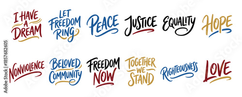 Set of inspirational hand-lettered phrases about civil rights, featuring colorful calligraphic typography with words like freedom, justice, equality, peace, hope, and love