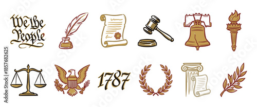 Collection of hand-drawn American history icons including a quill, gavel, eagle, and bell, representing themes of law, justice, and government in a vintage illustrated style