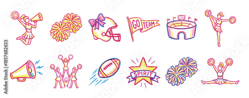 Colorful hand-drawn set of cheerleading and football illustrations featuring pom-poms, a megaphone, a helmet, and team spirit icons in a playful doodle sketch style