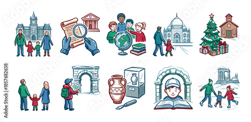 Set of hand-drawn illustrations depicting family life, education, winter travel, and historical exploration with people visiting landmarks, studying history, and ice skating