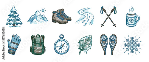 Collection of hand-drawn winter hiking icons featuring a backpack, compass, boots, snowshoes, mountains, and a snowflake in a colorful sketch style for adventure concepts