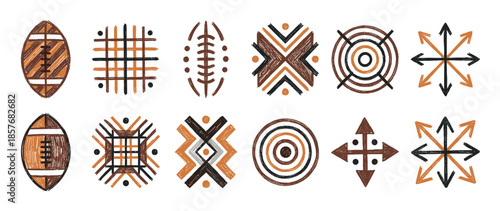 Set of hand-drawn ethnic symbols with a rustic, tribal aesthetic, featuring geometric patterns like footballs, arrows, and circles in a brown, black, and orange color palette