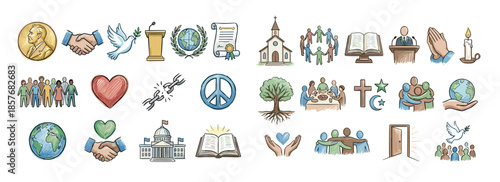 Large collection of hand-drawn icons representing concepts of peace, unity, religion, and community, including symbols of diplomacy, love, and freedom in a colorful sketch style