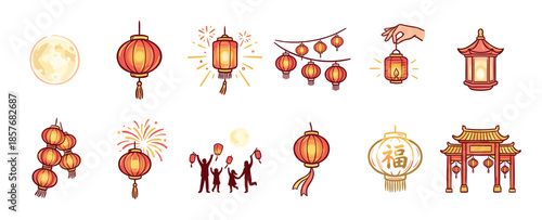 Collection of hand-drawn lantern festival illustrations featuring red and gold lanterns, a full moon, a traditional gate, and celebratory fireworks