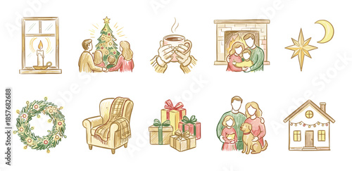Set of hand-drawn Christmas holiday icons depicting cozy family scenes, festive decorations, and warm winter moments in a charming, nostalgic sketch doodle style