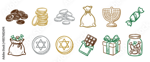 Collection of hand-drawn Hanukkah icons featuring gelt chocolate coins, a menorah, Star of David, gift box, and candy in a festive, sketchy illustration style for the Jewish holiday