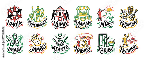 Collection of twelve hand-drawn icons representing Swahili words and Kwanzaa principles in a colorful sketch illustration style with unique lettering and cultural symbols