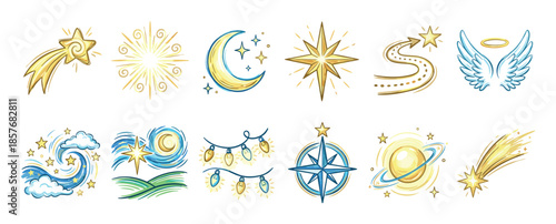 Set of whimsical hand-drawn celestial elements including a shooting star, crescent moon, angel wings, and compass rose in a charming yellow and blue cartoon illustration style