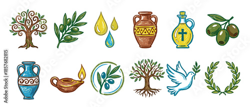 Collection of hand-drawn olive icons including a tree, branch, oil, amphora, dove, and wreath in a colorful, sketchy style representing peace, faith, and nature