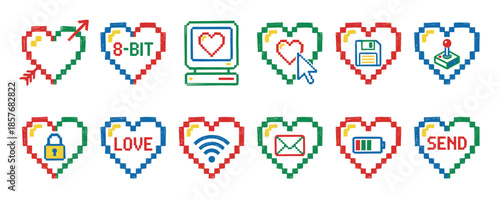 Collection of colorful pixel art icons in the shape of hearts, featuring retro 8-bit technology and gaming symbols for a vintage digital love and communication theme