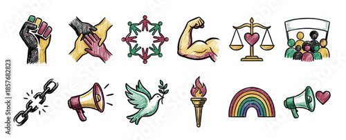 Set of twelve colorful hand-drawn icons representing social justice, human rights, protest, and equality, featuring a raised fist, peace dove, broken chain, and rainbow symbol