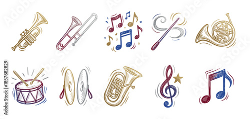 Sketched musical instruments and notes icons including a trumpet, trombone, French horn, tuba, drum, and cymbals in a colorful hand-drawn style with a textured effect