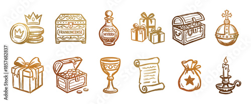 Hand-drawn set of golden nativity icons featuring gold, frankincense, and myrrh, representing the gifts of the Magi for a religious Christmas or Epiphany celebration in a vintage sketch style