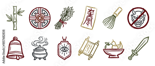 Set of Asian spiritual and cultural icons including a bamboo stalk, endless knot, talisman, bell, and sword, illustrated in a textured, hand-drawn artistic style