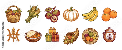 Collection of hand-drawn harvest festival icons including a cornucopia, pumpkin, corn, and fruit basket for Thanksgiving or Kwanzaa celebrations in a rustic, sketchy art style