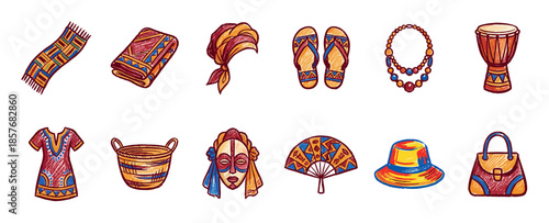 Collection of hand-drawn African cultural items including a mask, djembe drum, clothing, and accessories in a colorful sketchy style, representing traditional ethnic heritage and travel