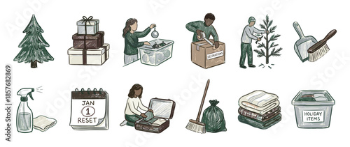 Hand-drawn illustration set showing post-holiday cleanup activities like packing decorations, cleaning the house, and organizing for a new year reset