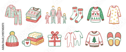 Hand-drawn collection of Christmas pajamas and cozy winter clothing including festive sweaters, a family in matching sleepwear, socks, a gift, and other holiday season icons