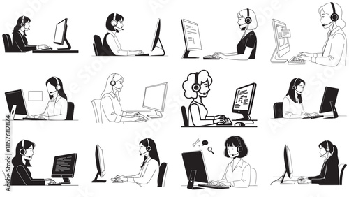 Professional woman wearing a headset providing remote IT technical support at a computer workstation, minimalist line art vector illustration collection for digital customer service concepts