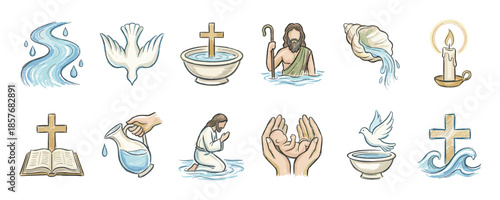 Collection of hand-drawn Christian baptism symbols featuring a cross, dove, water, bible, and candle in a watercolor sketch style for religious and spiritual concepts