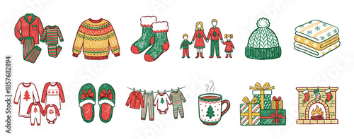 Collection of hand-drawn Christmas illustrations featuring cozy family pajamas, a festive sweater, gifts, a fireplace, and hot chocolate for a warm holiday celebration