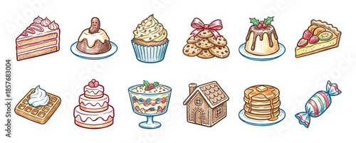 Charming hand-drawn collection of various desserts and sweets including cake, cupcake, cookies, pudding, and a gingerbread house, illustrated in a cute and colorful cartoon sketch style