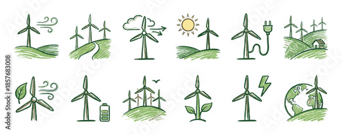 Set of hand-drawn wind turbine icons representing renewable energy, sustainability, and green power concepts in a simple sketch style with ecological symbols like leaves and the globe