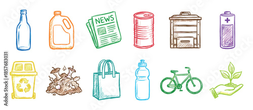 Collection of colorful hand-drawn icons representing recycling, ecology, and sustainable living concepts, including a bottle, newspaper, compost bin, battery, and bicycle