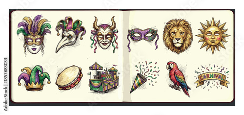 Colorful set of hand-drawn carnival illustrations featuring festive masks, a jester hat, a parade float, a parrot, and a lion, all rendered in a vibrant, artistic sketch style