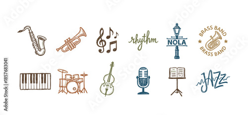 Colorful set of hand-drawn jazz music icons and illustrations, including various instruments like a saxophone, trumpet, and drums in a vintage, textured sketch style