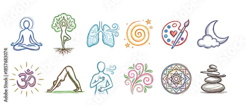Collection of hand-drawn wellness icons representing yoga, meditation, breathing, art, and spirituality in a colorful sketchy style for mindfulness and self-care concepts
