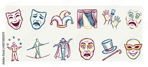 Set of hand-drawn theater and circus icons featuring comedy and tragedy masks, a magician, juggler, and tightrope walker in a colorful, sketchy doodle illustration style