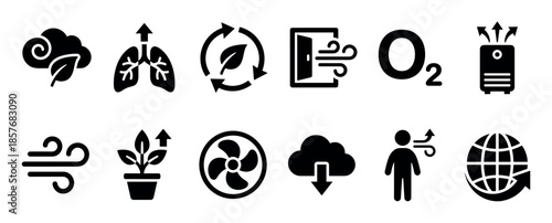 Set of black glyph icons representing air quality, breathing, ventilation, and environmental concepts like oxygen, lungs, plants, and wind, presented in a clean solid style
