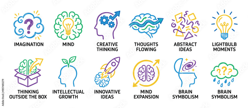 Fototapeta premium Collection of colorful hand-drawn icons representing concepts of creativity, imagination, innovation, and intellectual growth with symbols like brains, lightbulbs, and rockets