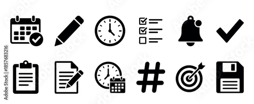 Set of black solid glyph icons for business and productivity, including a calendar, clock, checklist, target, and save symbol for web and mobile application interface design