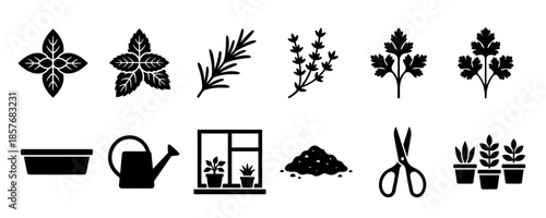 Set of black silhouette icons for home gardening and horticulture, featuring herbs like basil, mint, and rosemary, plus tools like a watering can, scissors, and pots on a windowsill