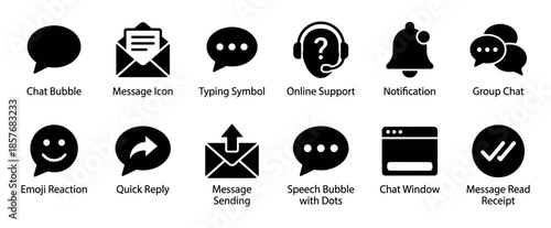 Collection of black messaging and communication icons in a minimalist glyph style, featuring symbols for chat bubbles, notifications, online support, and emoji reactions for user interface design