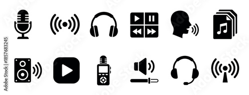 Set of black glyph icons for audio and sound includes a microphone, headphones, speaker, and media player controls for music, podcasting, and recording concepts