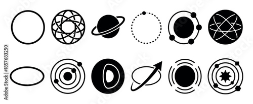 Set of twelve minimalist black icons depicting scientific and cosmic themes like planets, atoms, solar systems, and orbital paths, presented as a clean graphic symbol collection