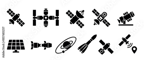 Set of black space technology icons featuring satellites, a space station, a rocket, a telescope, a planet, and a solar panel, presented in a clean glyph style for graphic design