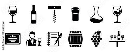 Collection of black wine-related icons featuring a bottle, glass, corkscrew, barrel, grapes, and sommelier for viticulture and oenology concepts in a minimalist graphic style