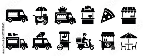 Street food vendor and delivery service icons in a black silhouette style showing various mobile kitchens, carts, trucks, and stalls for fast food like pizza, tacos, and hot dogs